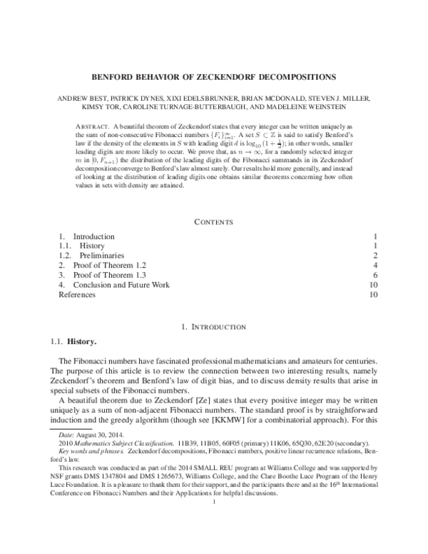 (PDF) Gaussian Behavior of the Number of Summands in Zeckendorf ...