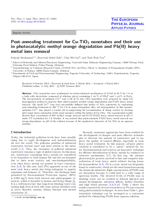 (PDF) Post-Annealing Treatment for Cu-TiO2 Nanotubes and Their Use in ...