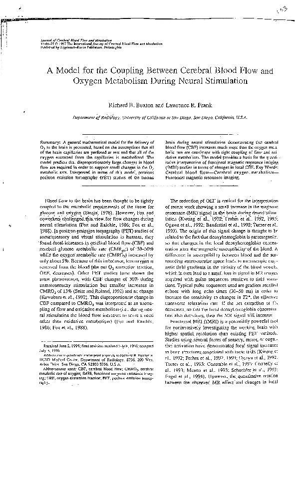 (PDF) A Model for the Coupling Between Cerebral Blood Flow and Oxygen ...