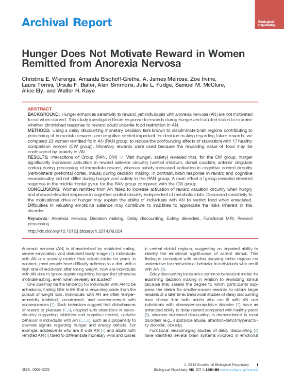  PDF Hunger Does Not Motivate Reward In Women Remitted From Anorexia 