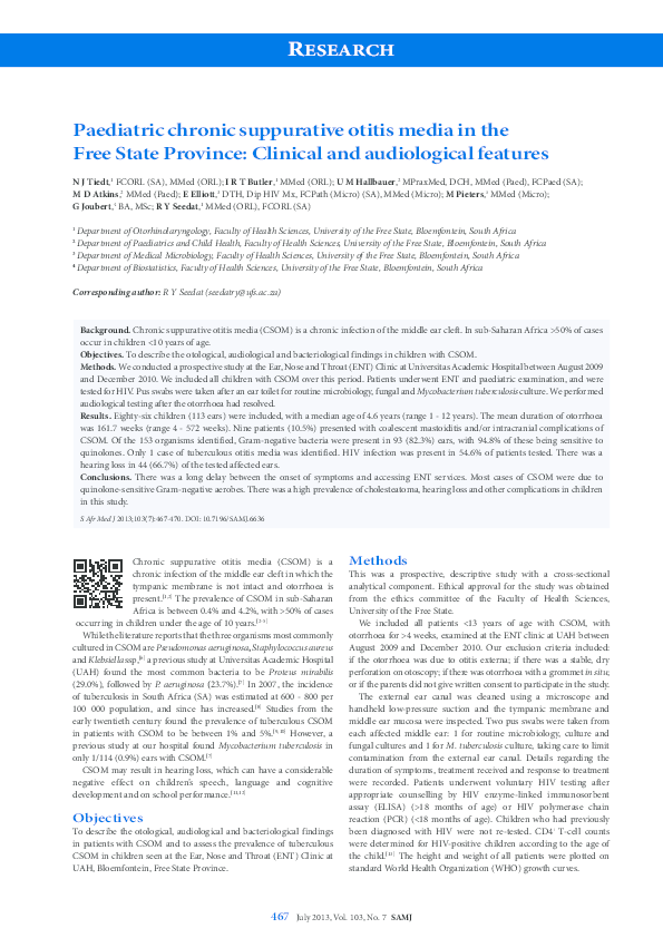 (PDF) Paediatric chronic suppurative otitis media in the Free State ...