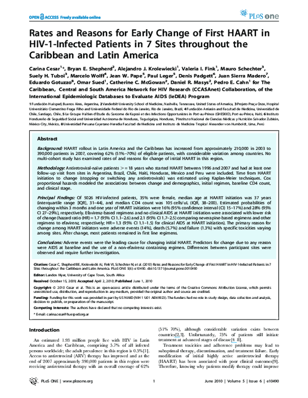(PDF) Rates and Reasons for Early Change of First HAART in HIV-1 ...