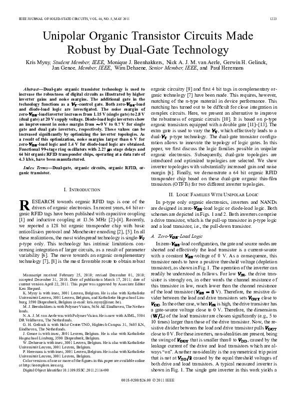 (PDF) Unipolar Organic Transistor Circuits Made Robust by DualGate Technology Jan Genoe