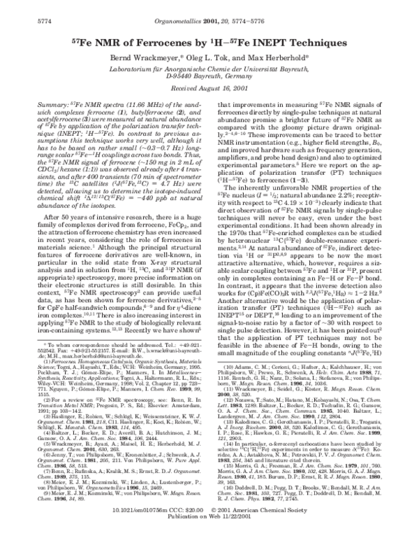 (PDF) 57 Fe NMR of Ferrocenes by 1 H− 57 Fe INEPT Techniques