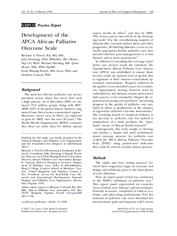 (PDF) Development of the APCA African Palliative Outcome Scale