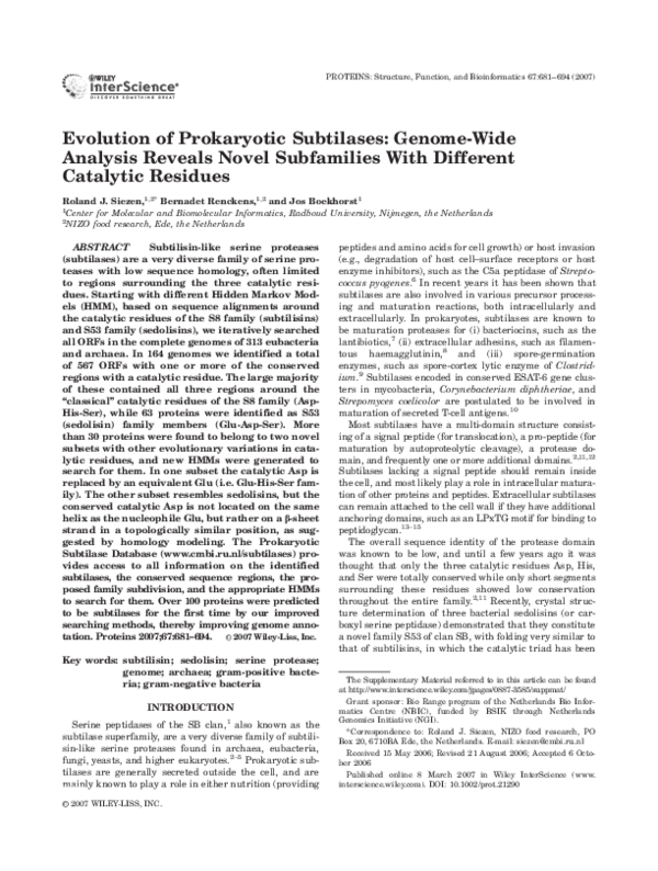 (PDF) Evolution of prokaryotic subtilases: Genome-wide analysis reveals ...