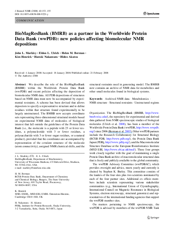Pdf Biomagresbank Bmrb As A Partner In The Worldwide Protein