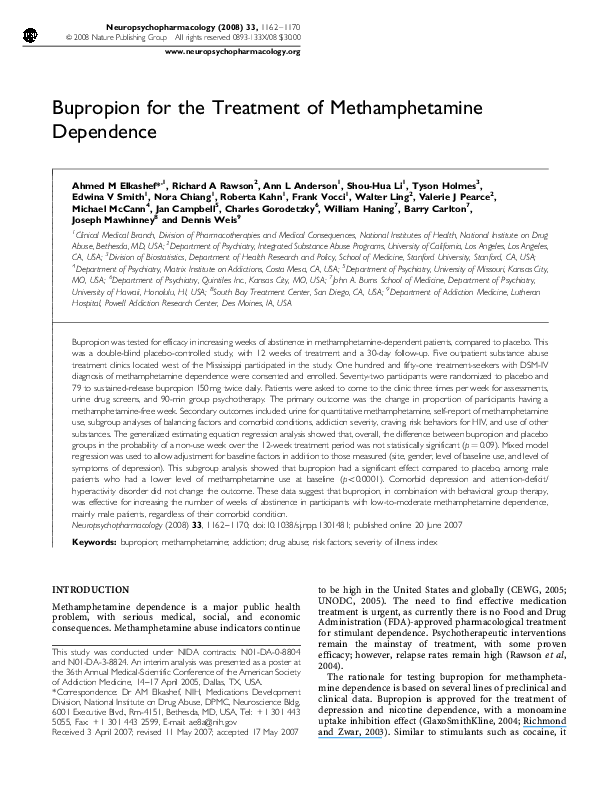 (PDF) Bupropion for the Treatment of Methamphetamine Dependence