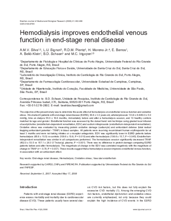 (PDF) Hemodialysis improves endothelial venous function in end-stage ...