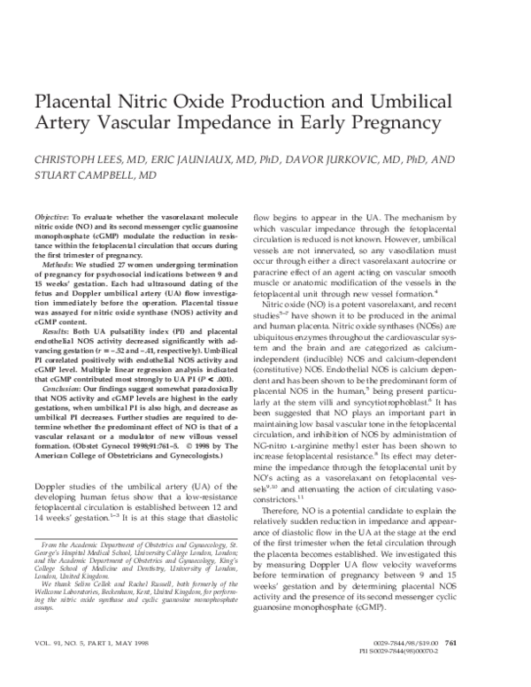 (PDF) Placental Nitric Oxide Production and Umbilical Artery Vascular ...