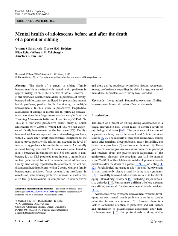 (PDF) Mental health of adolescents before and after the death of a ...
