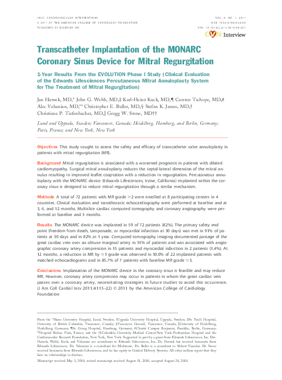 (PDF) Transcatheter Implantation of the MONARC Coronary Sinus Device ...