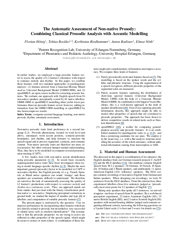 (PDF) The Automatic Assessment of Non-native Prosody: Combining ...