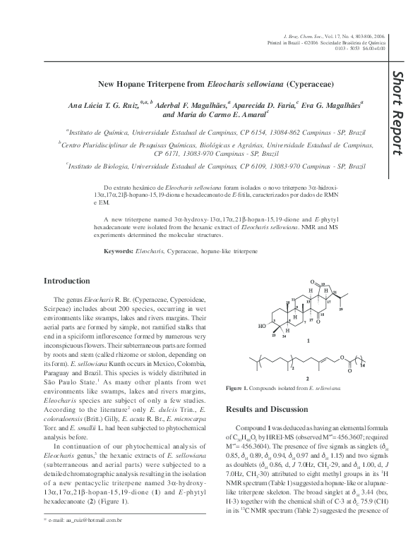 (PDF) New hopane triterpene from Eleocharis sellowiana (Cyperaceae)