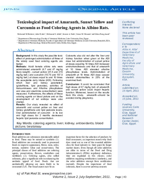 (DOC) Toxicological impact of Amaranth, Sunset Yellow and Curcumin as ...
