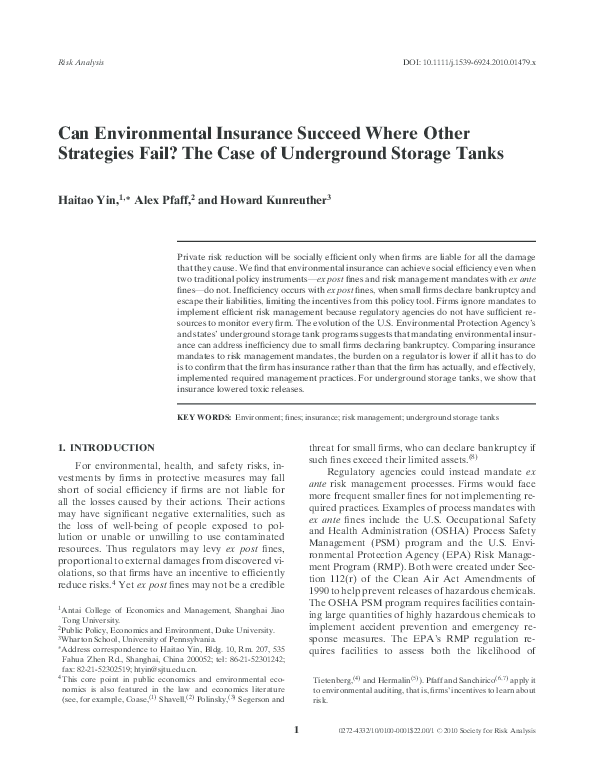 (PDF) Can Environmental Insurance Succeed Where Other Strategies Fail