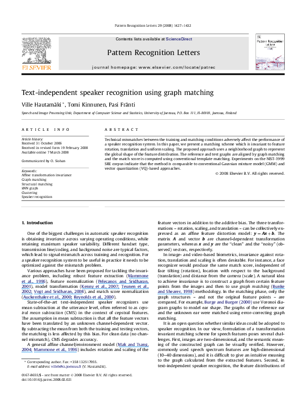 (PDF) Text-independent speaker recognition using graph matching