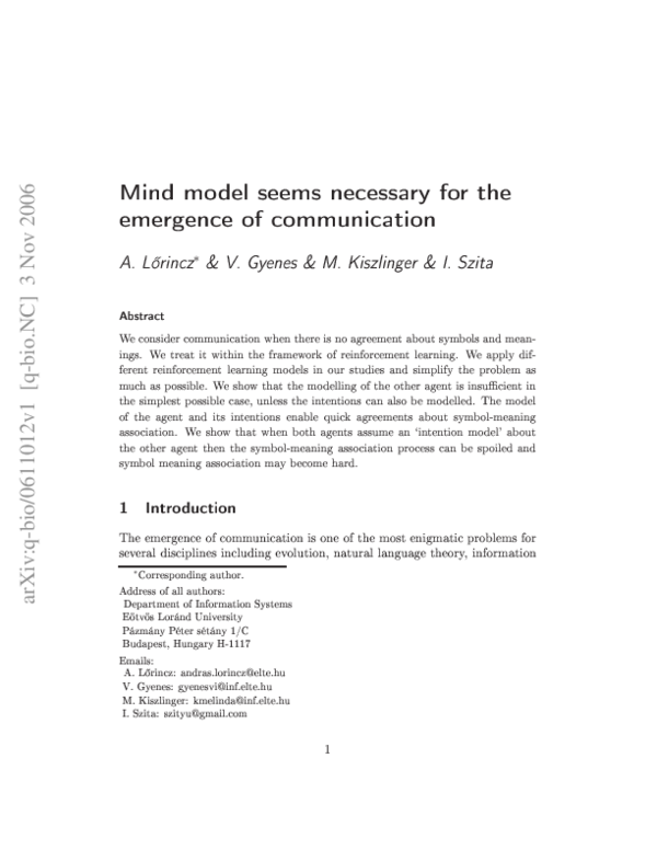 (PDF) Mind model seems necessary for the emergence of communication