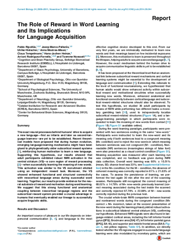 (PDF) The Role of Reward in Word Learning and Its Implications for ...