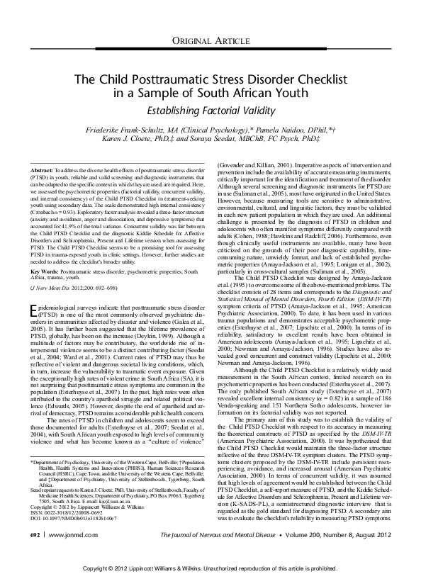 (PDF) The Child Posttraumatic Stress Disorder Checklist in a Sample of ...