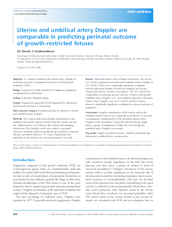 (PDF) Uterine and umbilical artery Doppler are comparable in predicting ...