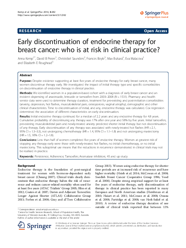 (PDF) Early discontinuation of endocrine therapy for breast cancer: who ...