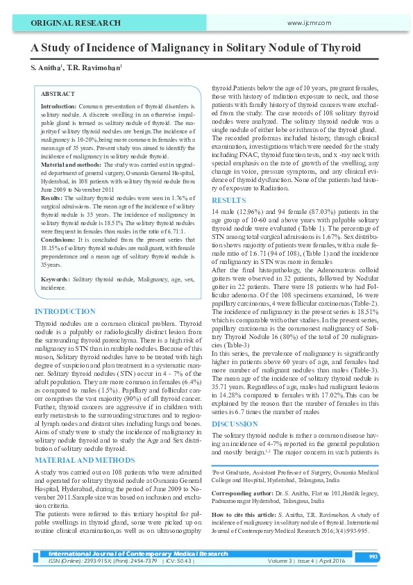 (PDF) A Study of Incidence of Malignancy in Solitary Nodule of Thyroid