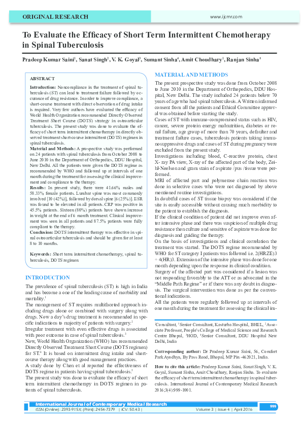 (PDF) To Evaluate the Efficacy of Short Term Intermittent Chemotherapy ...