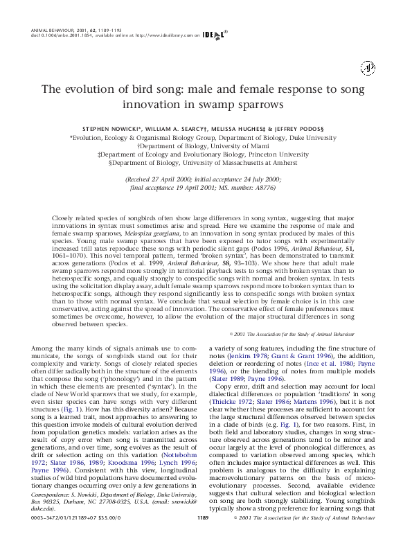 (PDF) The evolution of bird song male and female response to song innovation in swamp sparrows