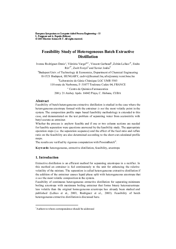 Pdf Feasibility Study Of Heterogeneous Batch Extractive Distillation