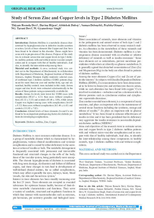 (PDF) Study of Serum Zinc and Copper levels in Type 2 Diabetes Mellitus