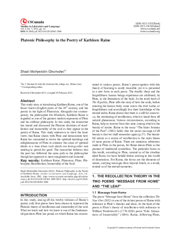 Pdf Platonic Philosophy In The Poetry Of Kathleen Raine Shadi Mohyeddin Ghomshei Academia Edu