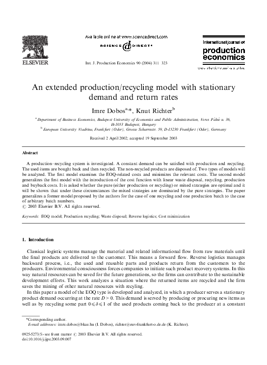 (PDF) An extended production/recycling model with stationary demand and ...