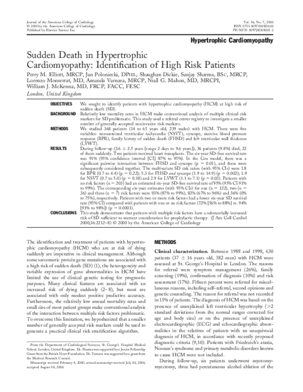 (PDF) Sudden death in hypertrophic cardiomyopathy: identification of ...
