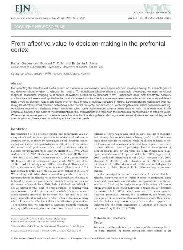 (PDF) From affective value to decision-making in the prefrontal cortex