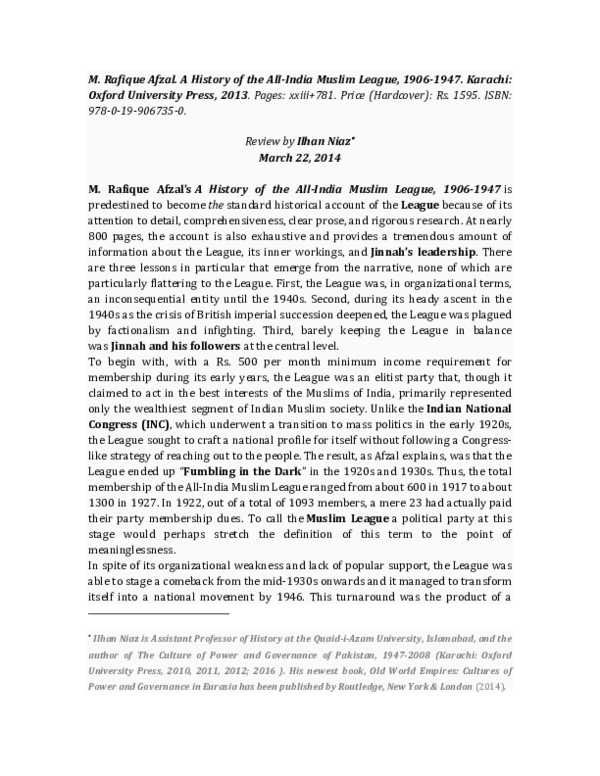 A History Of The All India Muslim League 1906