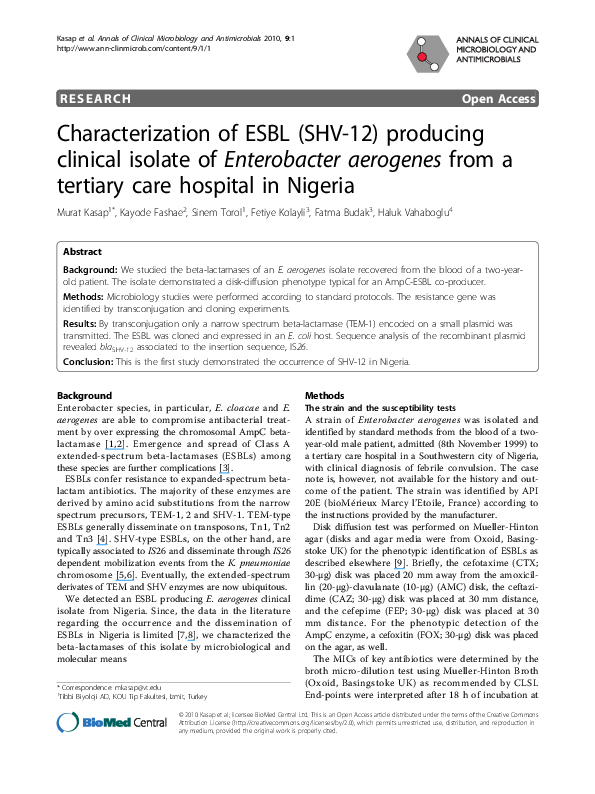 (PDF) Characterization of ESBL (SHV-12) producing clinical isolate of ...
