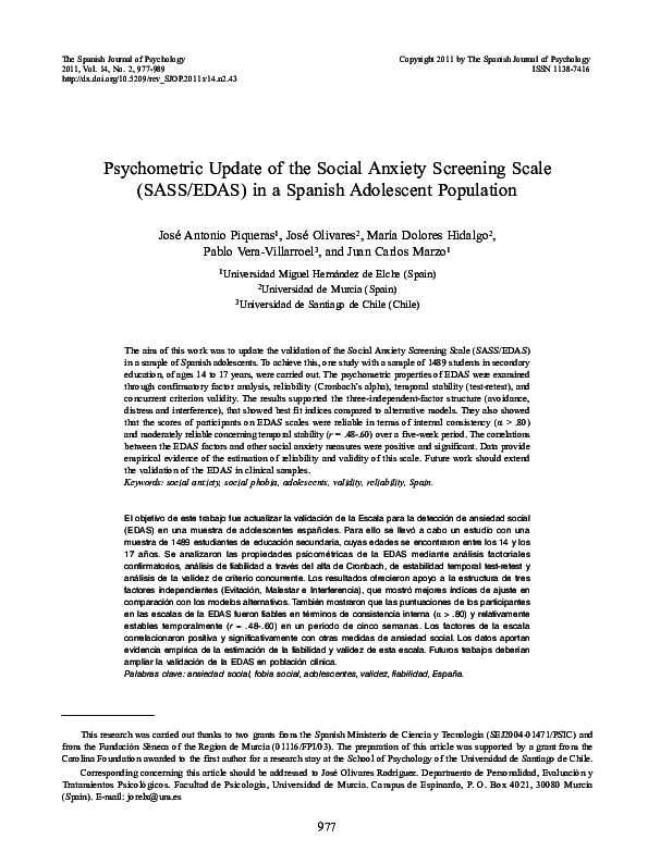 (PDF) Psychometric Update of the Social Anxiety Screening Scale (SASS ...