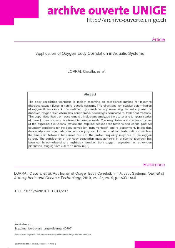 (PDF) Application of Oxygen Eddy Correlation in Aquatic Systems