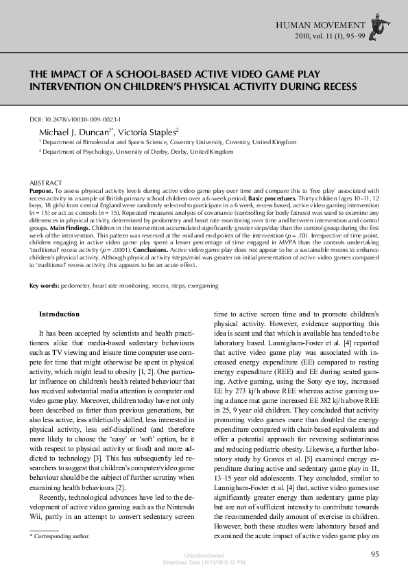 (PDF) The Impact of a School-Based Active Video Game Play Intervention ...