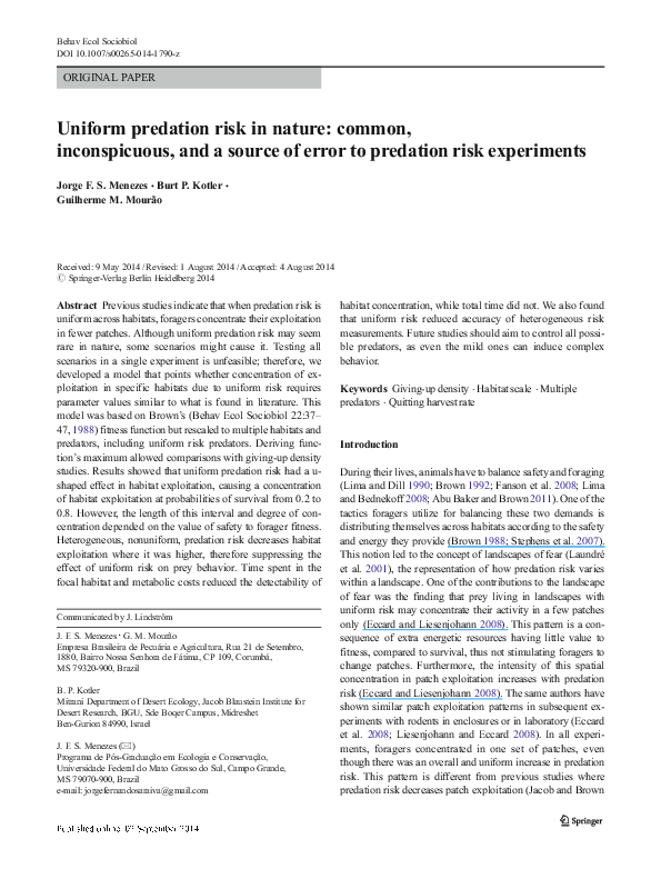 (PDF) Uniform predation risk in nature: common, inconspicuous, and a ...