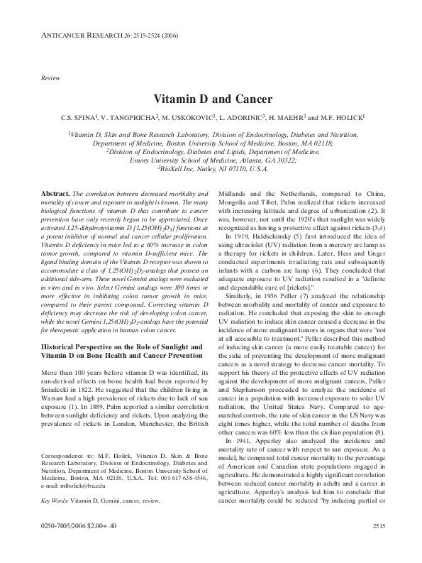 (PDF) Vitamin D and cancer Vin Tangpricha Academia.edu