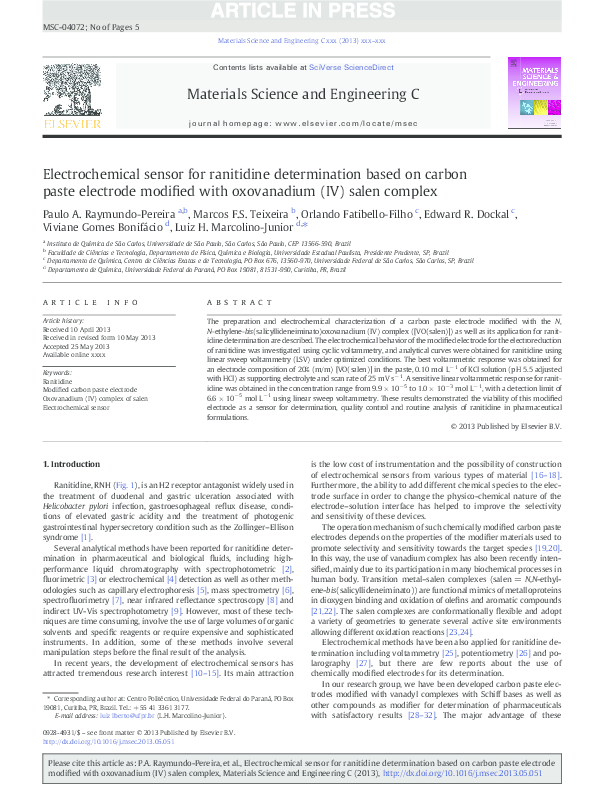 (PDF) Electrochemical sensor for ranitidine determination based on ...