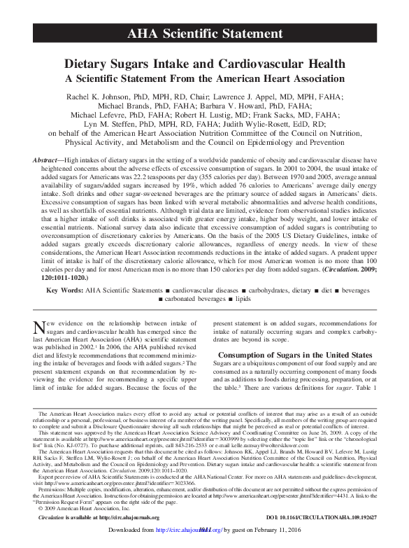 (PDF) Dietary Sugars Intake and Cardiovascular Health A Scientific Statement From the American