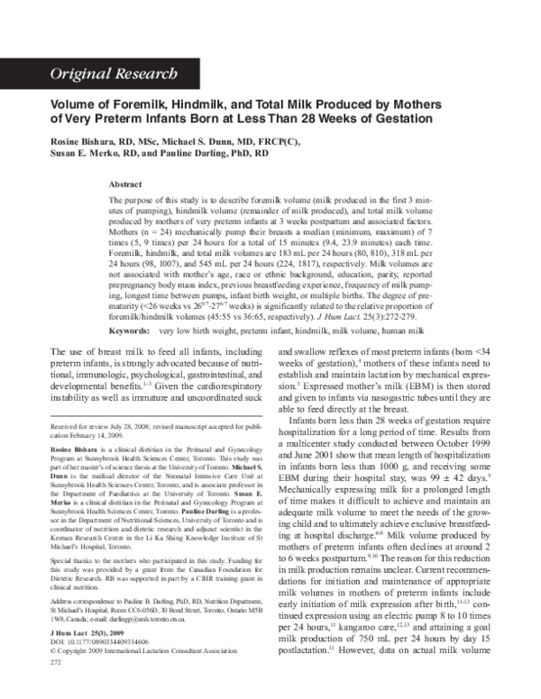 (PDF) Volume of Foremilk, Hindmilk, and Total Milk Produced by Mothers