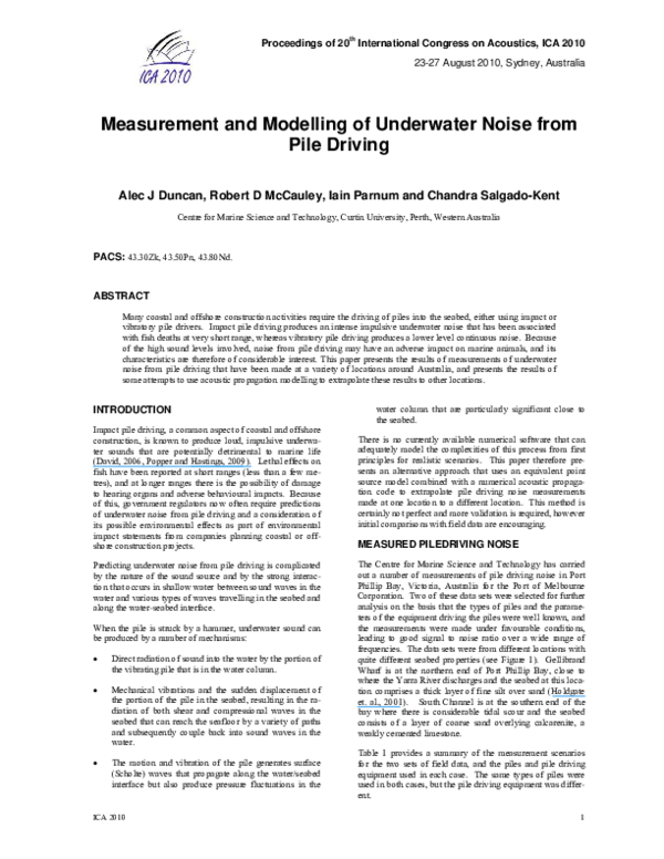 (PDF) Measurement and modelling of underwater noise from pile driving