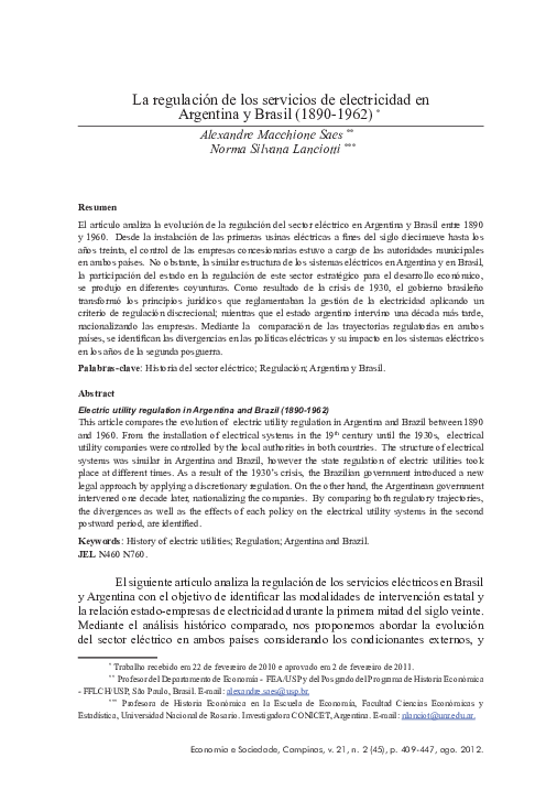 (PDF) La regulación de los servicios de electricidad en Argentina y ...