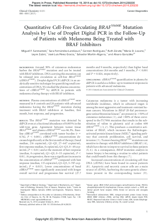 (PDF) Quantitative Cell-Free Circulating BRAFV600E Mutation Analysis by ...