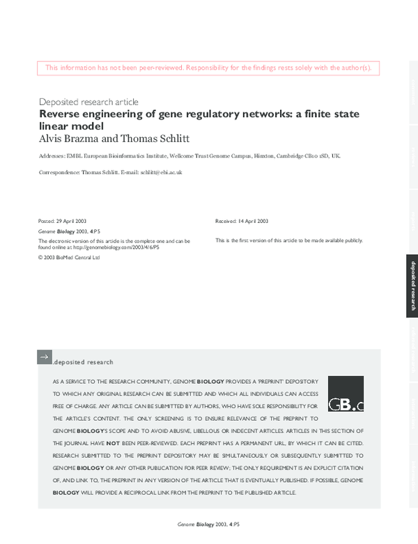(PDF) Reverse Engineering of Gene Regulatory Networks Using Dissipative ...