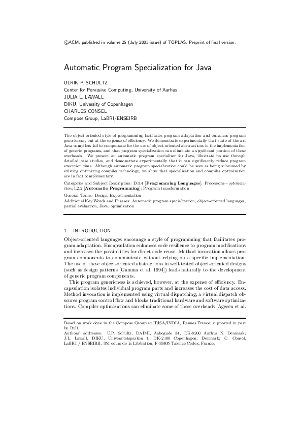 (PDF) Automatic program specialization for Java